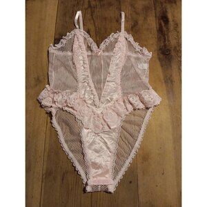 Vtg Emil E Bole Bodysuit Teddy S Lingerie Pink Stripe Ruffles Lace Sheer Hi Cut